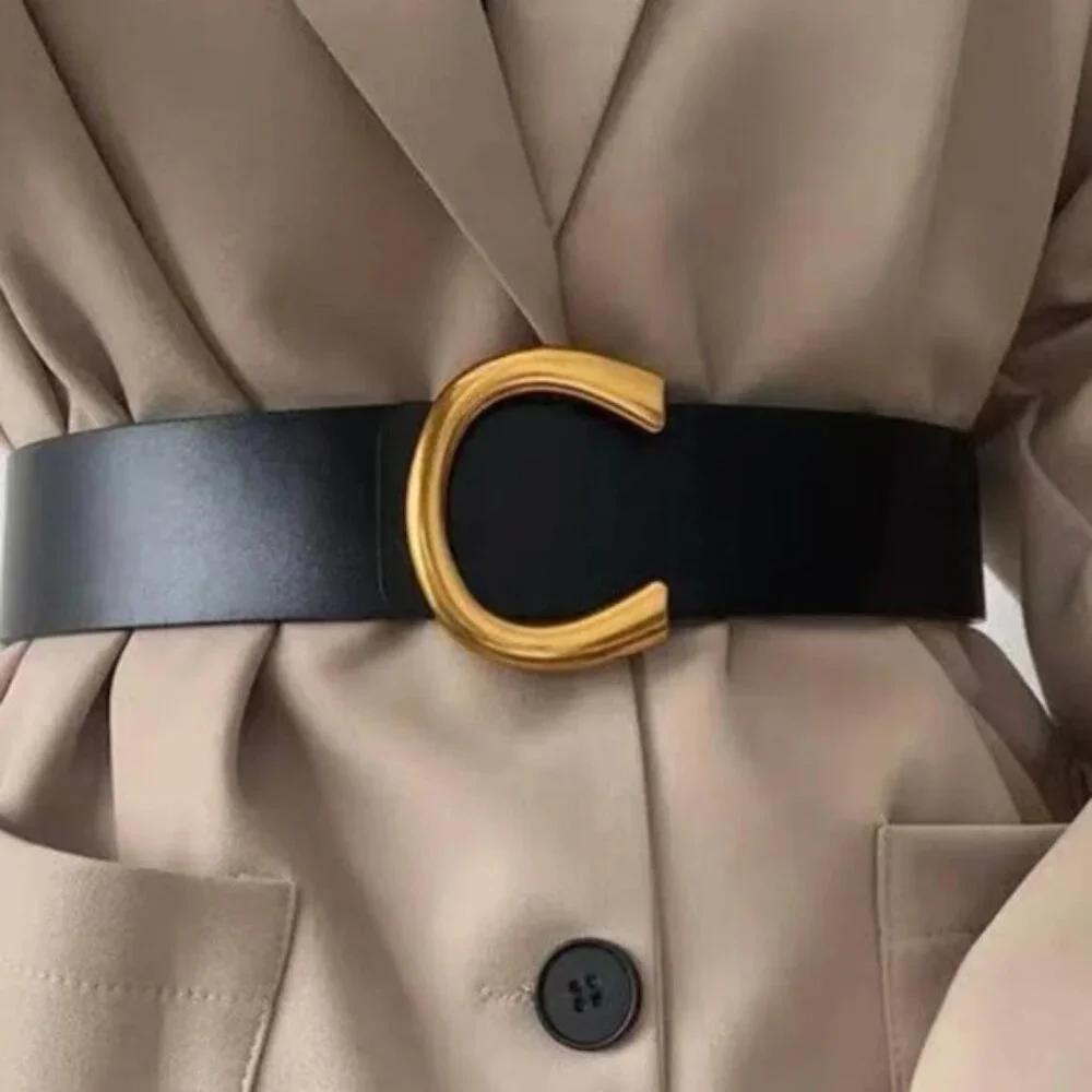 Wide Vegan Leather Oversized Gold Buckle Belt